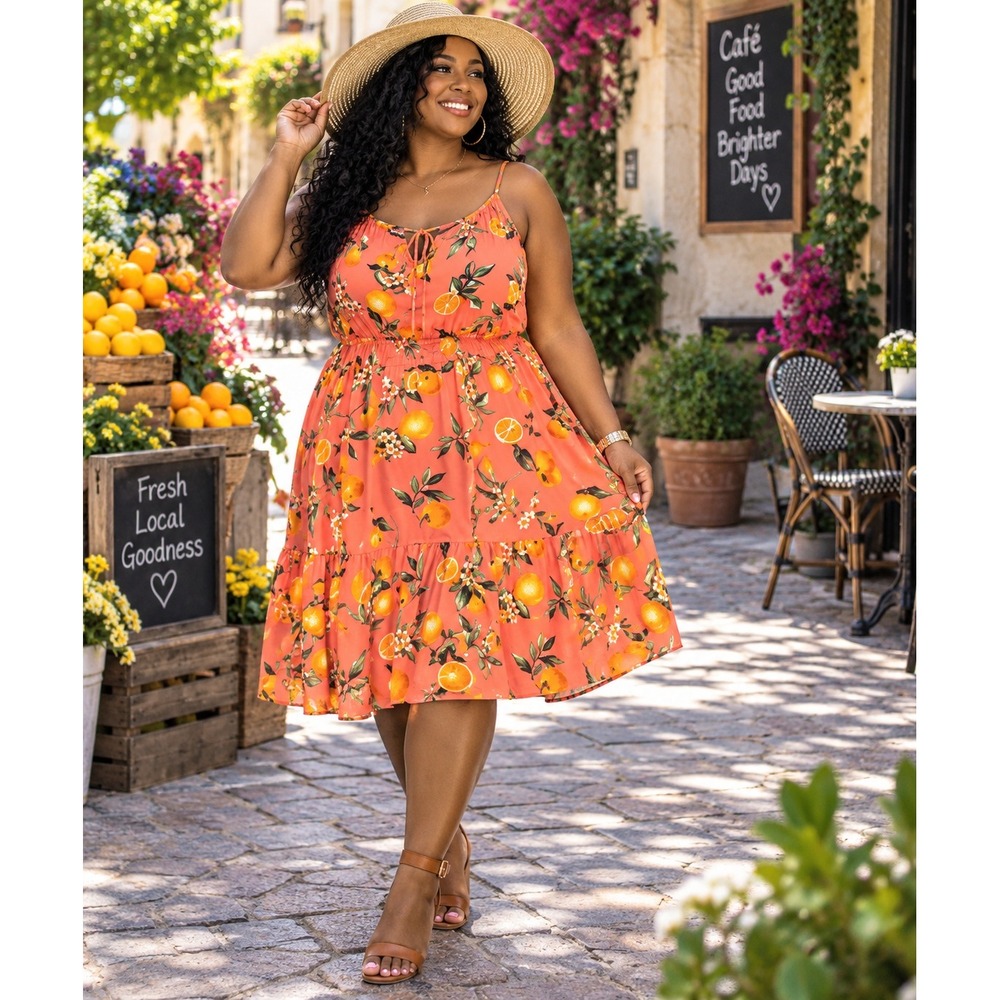 LOFT Women XL Orange Citrus Print Linen Blend Tiered Ruffle Mini Sundress